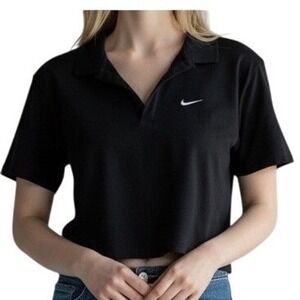 Nike Womens Cropped Polo Shirt Black Short Sleeve‎ V-Neck Swoosh Logo Size M